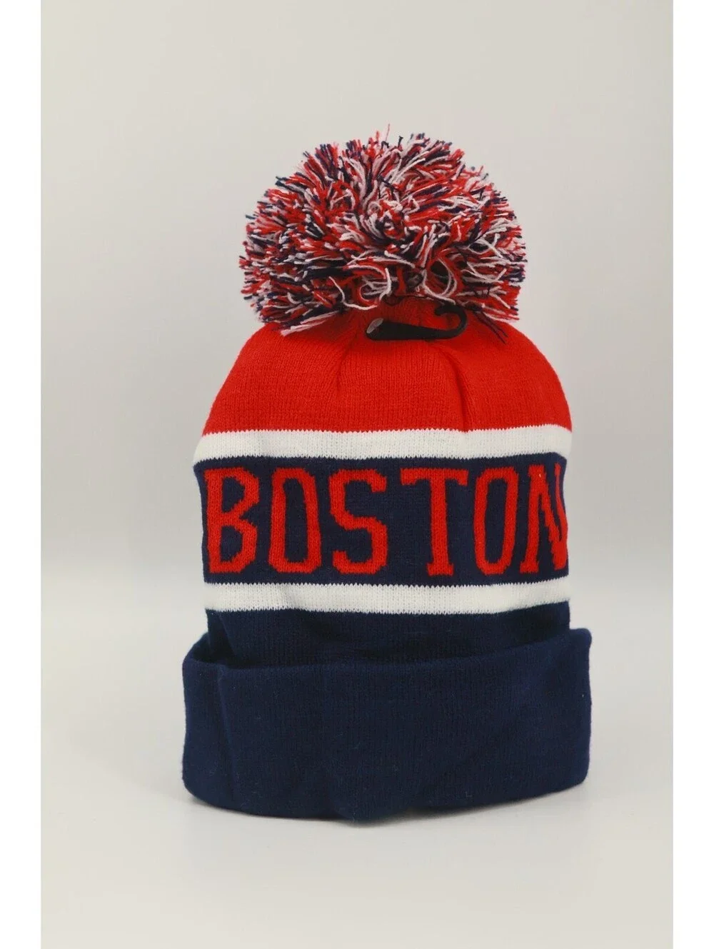 Boston Beanie Hat Pom Pom Knit Cuffed Skull Cap Red White Blue Winter Men Women